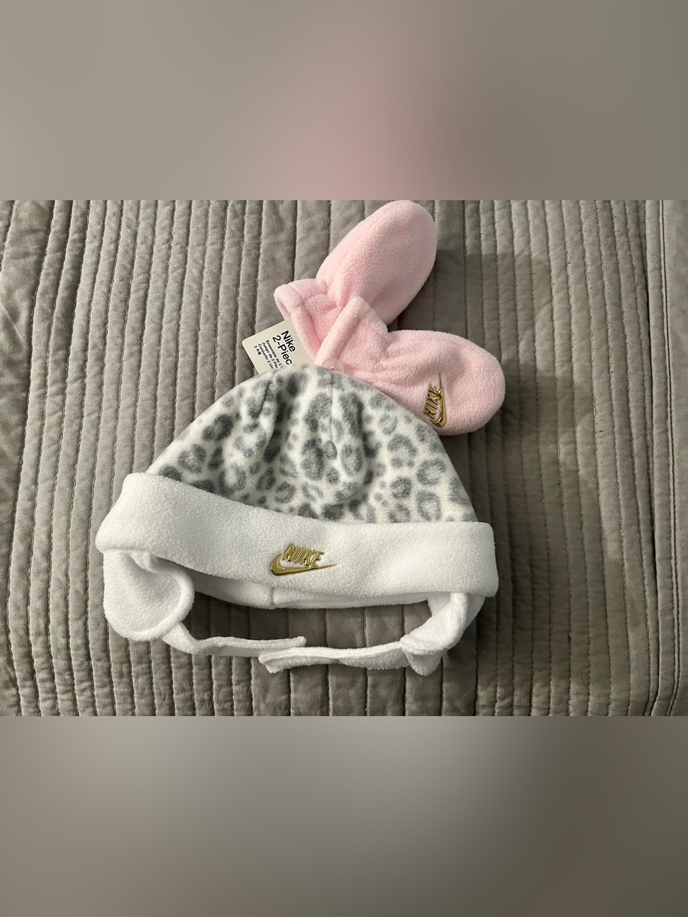Nike Pink Mittens and White Gray Leopard Beanie Set - Infant size